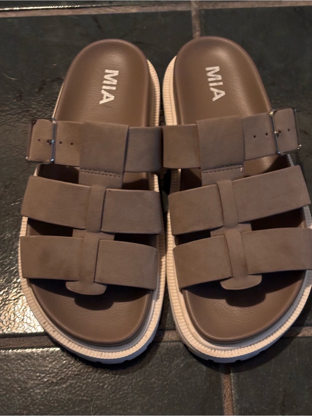 MIA Brown Strappy Slide Sandals